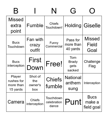 Super Bowl Bingo Card