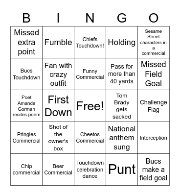 Super Bowl Bingo Card