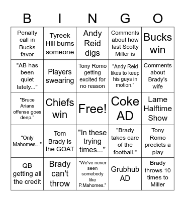 Super Bowl BINGO Card