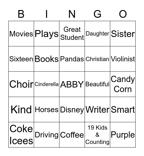 ALL ABOUT ABBY! Bingo Card