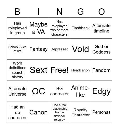 Roleplaying Bingo Card