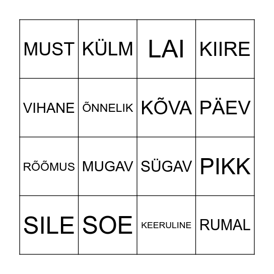 VASTANDTÄHENDUSEGA SÕNA Bingo Card