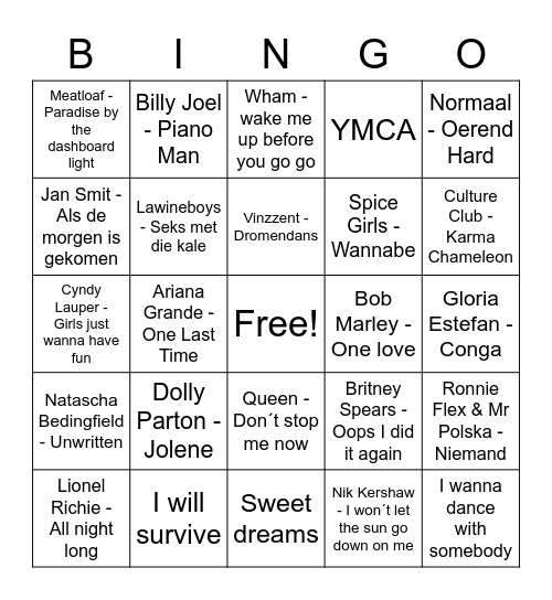 Muziek Bingo Card