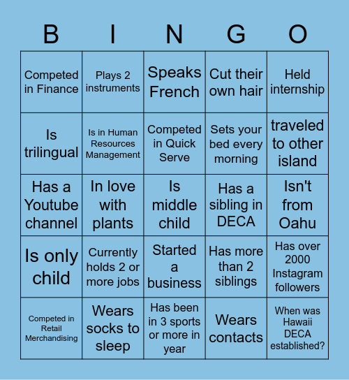 Hawaii DECA Bingo Card