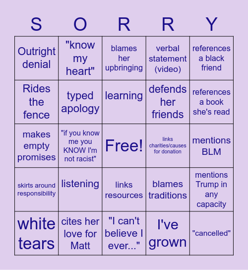 Apology Buzzword Bingo Card
