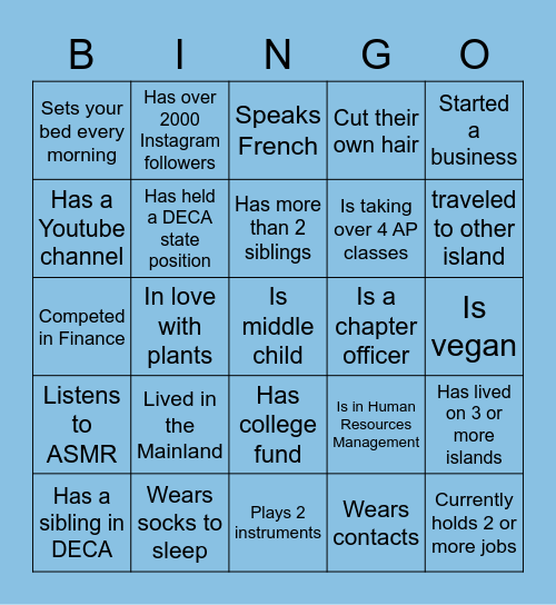 Hawaii DECA Bingo Card