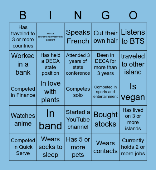 Hawaii DECA Bingo Card