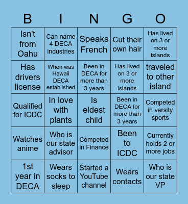 Hawaii DECA Bingo Card
