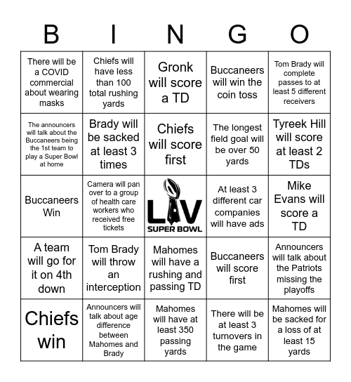 2021 Super Bowl Bingo Card