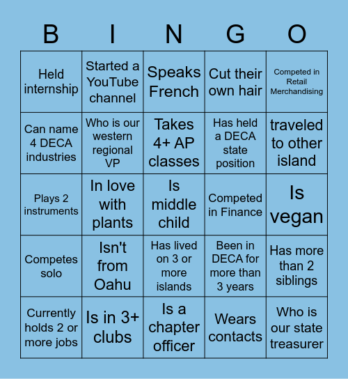 Hawaii DECA Bingo Card