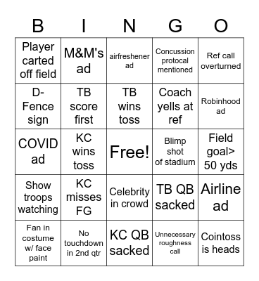 2021 Superbowl Bingo Card