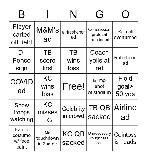 2021 Superbowl Bingo Card