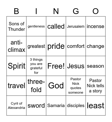 Sermon Bingo February 7, 2021 Bingo Card