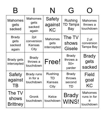 Brady v. Mahomes Bingo Card