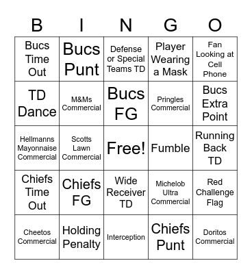 Super Bowl Bingo Card