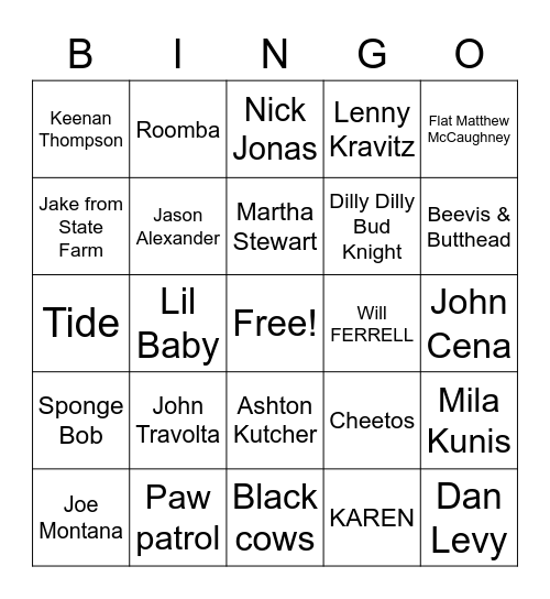 Celebrity Bingo Card