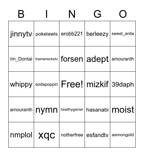 Twitch Swear Words Bingo Card