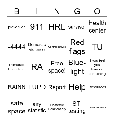 Tigers and TUPD Bingo Card