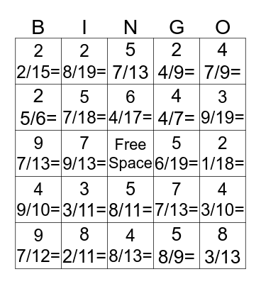 Mix Number to Improper Fraction Bingo Card