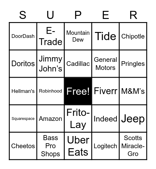 Super Bowl Commercial Bingo Card