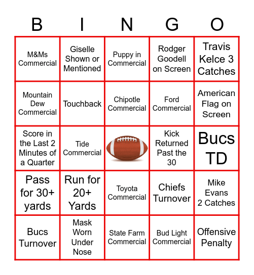 Super Bowl LV Bingo Card