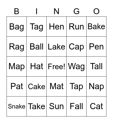 Rhyming Words Bingo Card