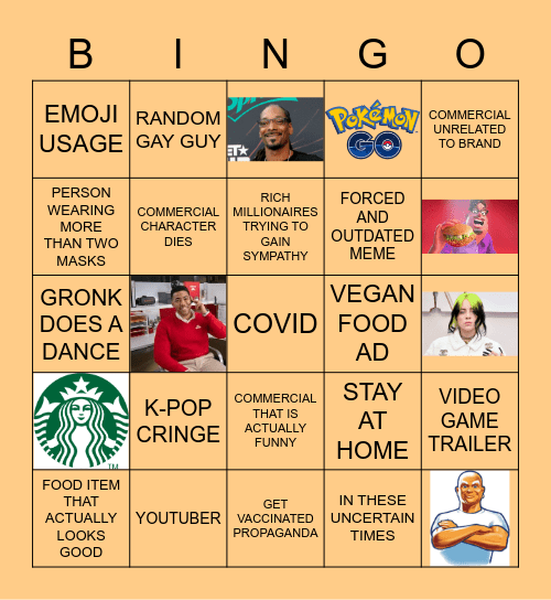 SuperBowl Cringe Bingo Card