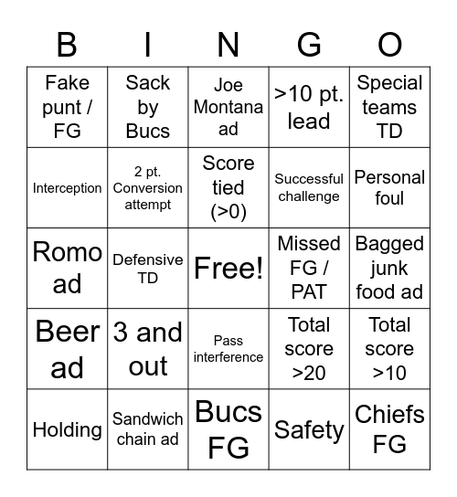 Super Bowl LV Bingo Card