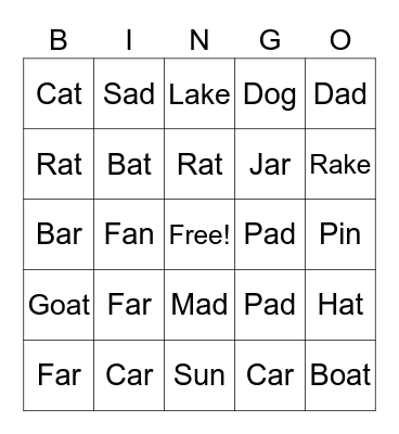 Rhyming Words 1 Bingo Card