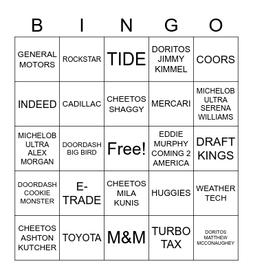 SUPERBOWL COMMERCIAL BINGO Card