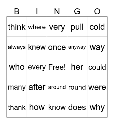 Dolch Sight Words Bingo Card