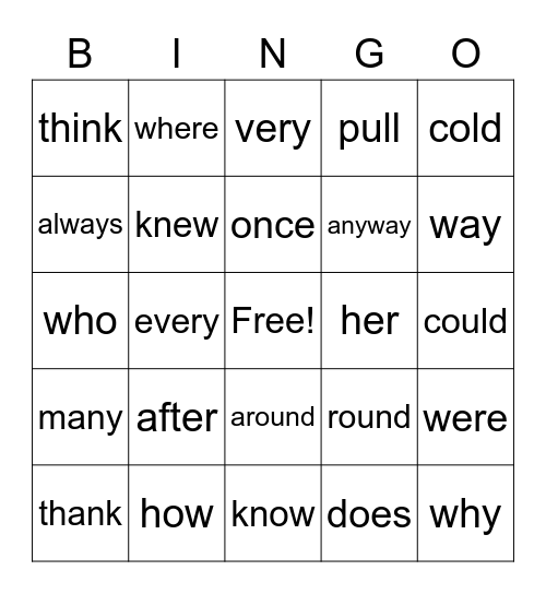 Dolch Sight Words Bingo Card