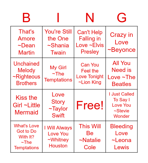 Valentine Song BINGO Card
