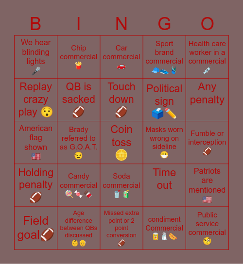 Super bowl bingo Card