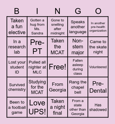 Undergrad Pediatric Society Bingo Card