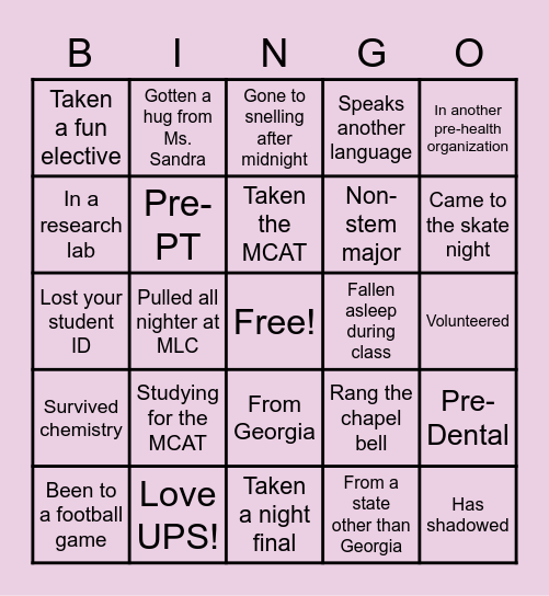 Undergrad Pediatric Society Bingo Card