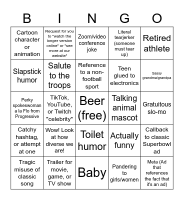 Superbowl Spot BINGO Card