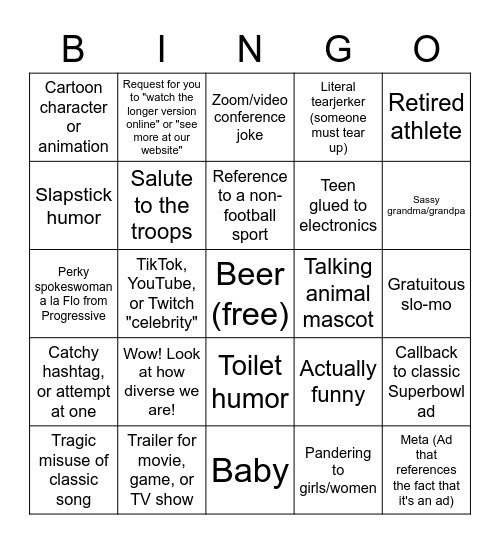 Superbowl Spot BINGO Card