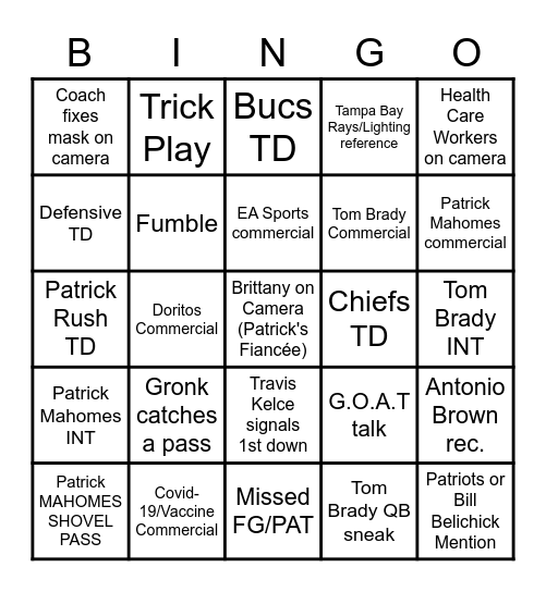Super Bowl 55 Bingo Card