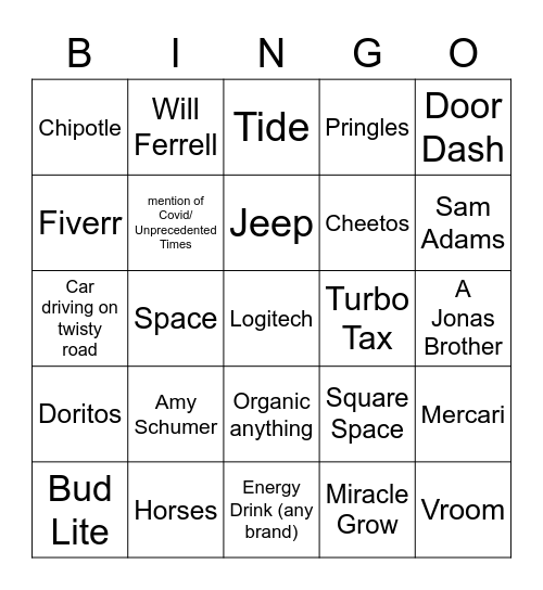 Super Bowl Commercials 2021 Bingo Card