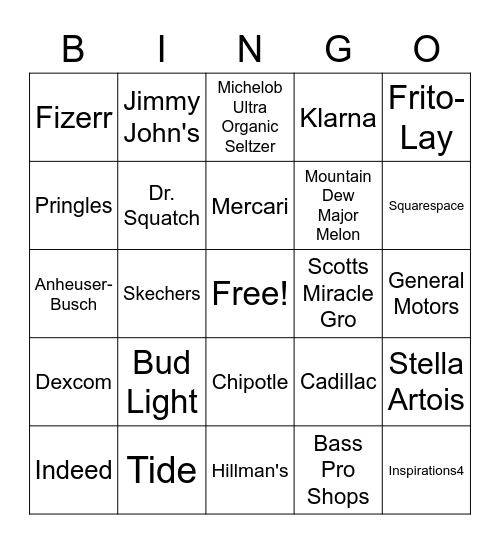 Super Bowl Commercial Bingo Card