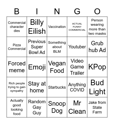 SuperBowl Ads Bingo Card