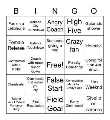 Lee Family Super Bowl Bingo Card