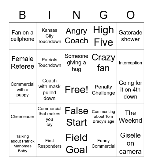 Lee Family Super Bowl Bingo Card