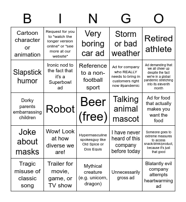 Superbowl Spot BINGO Card