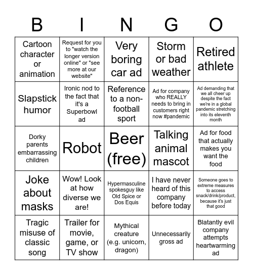 Superbowl Spot BINGO Card