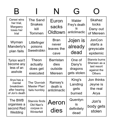 TWOW Misery Bingo Card