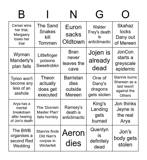 TWOW Misery Bingo Card