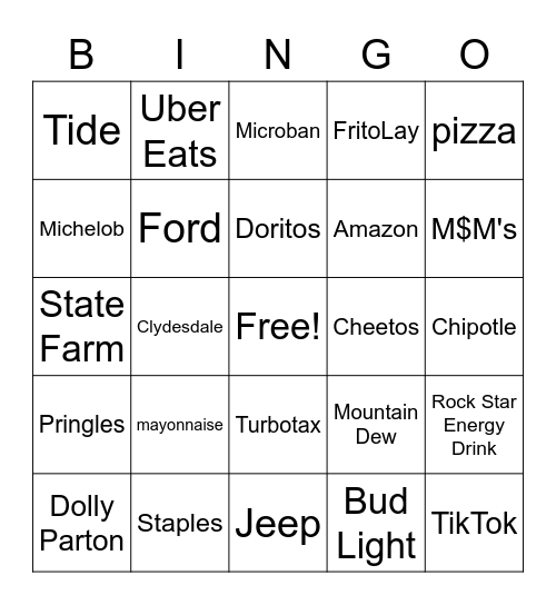 Super Bowl Bingo Card