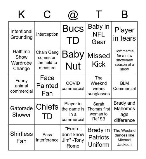 Super Bowl Bingo Card